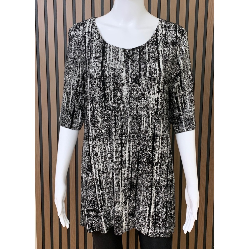 Tianello‎ Lou Ann Tunic Top L Black White Geometric Viscose LouAnn